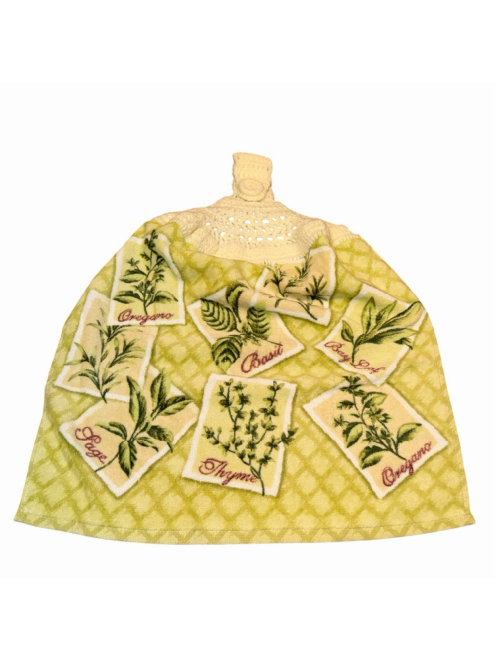 Crochet Top Hanging Kitchen Towel Herbs Sage Thyme Basil Oregano Cream Green